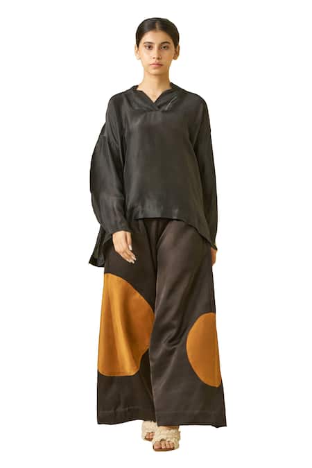Stoique Black Satin, Linen Applique Blossom Round Flared Pant Online at Aza Fashions Stoique_Black Satin, Linen Applique Blossom Round Flared Pant _Online_at_Aza_Fashions