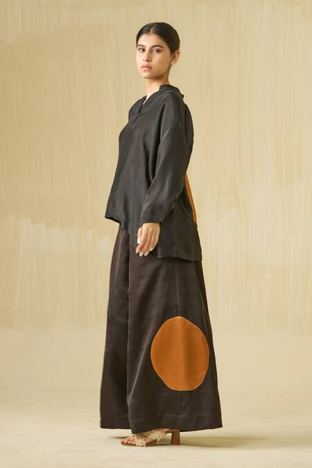 Shop Stoique Black Satin, Linen Applique Blossom Round Flared Pant Online at Aza Fashions Shop_Stoique_Black Satin, Linen Applique Blossom Round Flared Pant _Online_at_Aza_Fashions