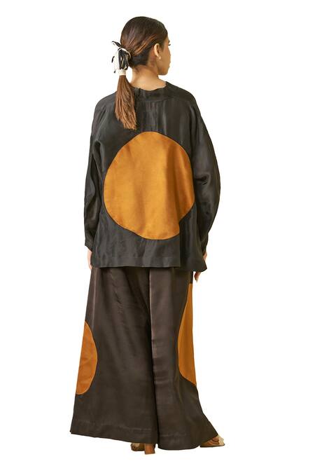 Stoique Black Satin, Linen Applique Blossom Round Flared Pant at Aza Fashions Stoique_Black Satin, Linen Applique Blossom Round Flared Pant _at_Aza_Fashions