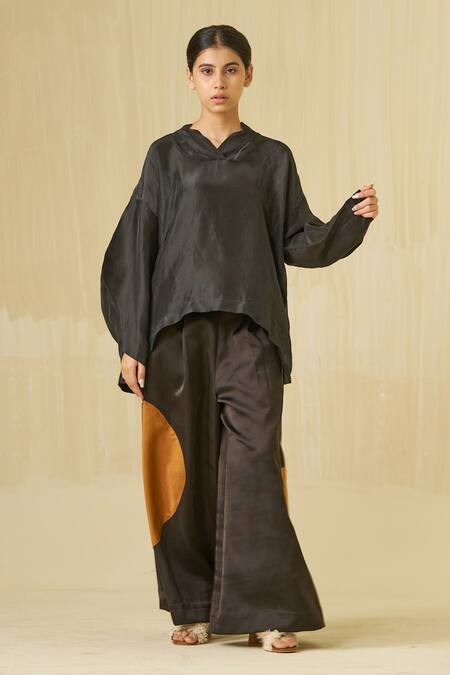 Buy Stoique Black Satin, Linen Applique Blossom Round Flared Pant Buy_Stoique_Black Satin, Linen Applique Blossom Round Flared Pant