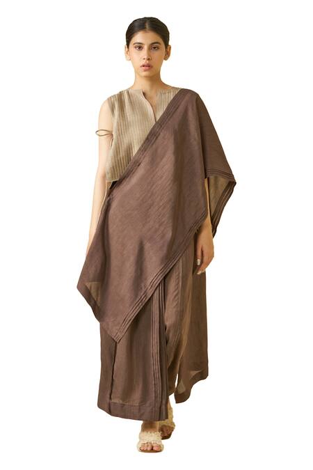 Stoique_Beige Mysore Silk Pintucks Notched Bluebird Blouse _Online_at_Aza_Fashions