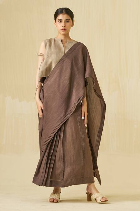 Shop_Stoique_Beige Mysore Silk Pintucks Notched Bluebird Blouse _Online_at_Aza_Fashions