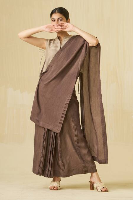 Stoique_Beige Mysore Silk Pintucks Notched Bluebird Blouse _at_Aza_Fashions