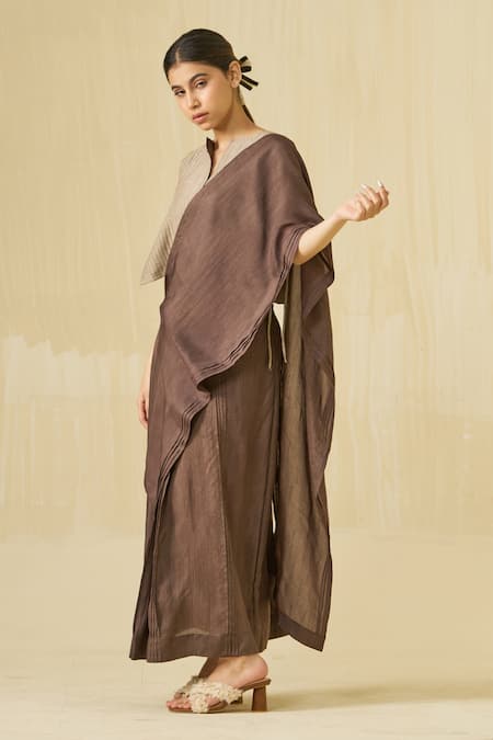 Buy_Stoique_Beige Mysore Silk Pintucks Notched Bluebird Blouse 