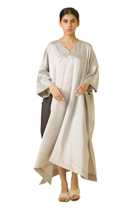 Buy_Stoique_Silver Silk Applique V-neck Cosmos Side Slit Tunic Dress _Online_at_Aza_Fashions