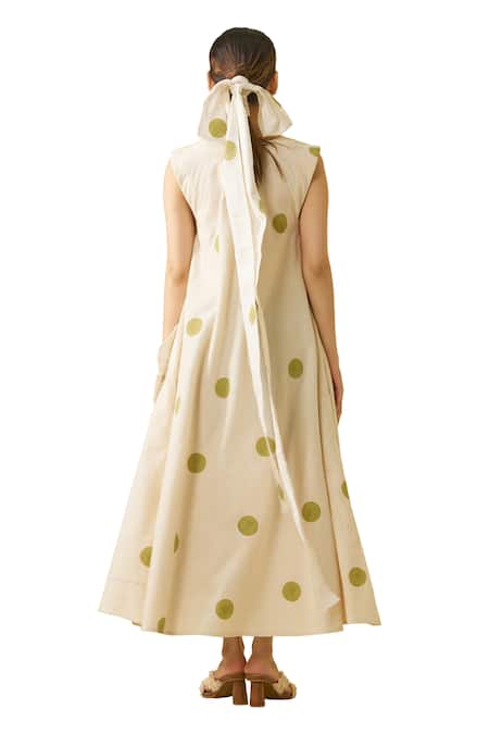 Stoique_Off White Cotton Ruffles V-neck Daffodil Dress _Online_at_Aza_Fashions
