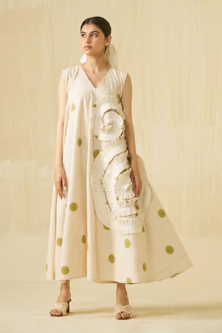Buy_Stoique_Off White Cotton Ruffles V-neck Daffodil Dress _Online_at_Aza_Fashions