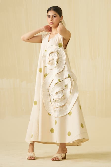 Shop_Stoique_Off White Cotton Ruffles V-neck Daffodil Dress _Online_at_Aza_Fashions