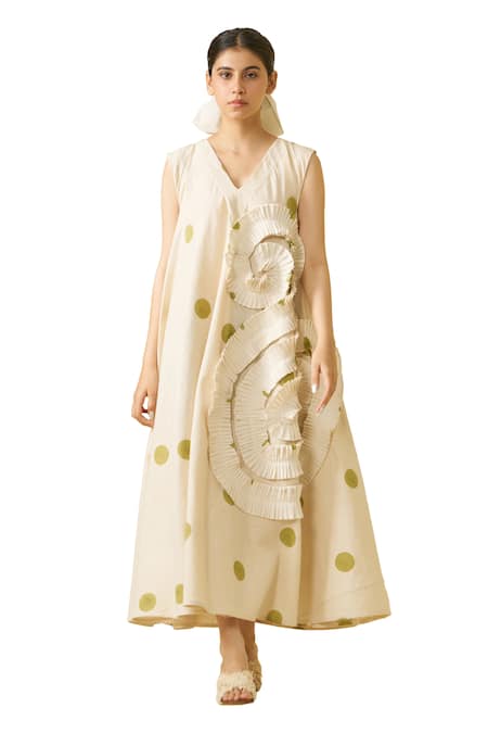 Stoique_Off White Cotton Ruffles V-neck Daffodil Dress _at_Aza_Fashions