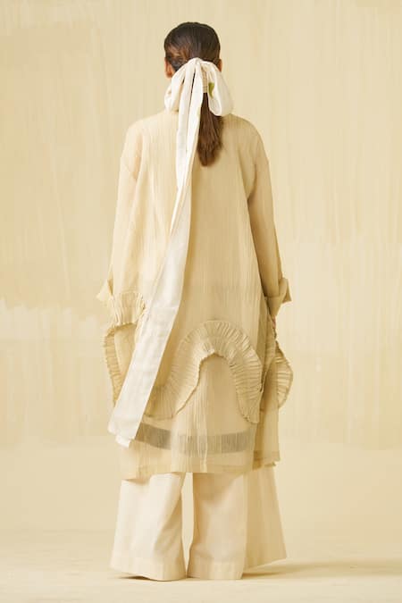 Shop_Stoique_Gold Silk Ruffles Open Neck Daisy Textured Kimono Overlay _at_Aza_Fashions