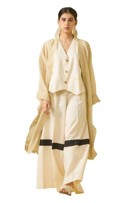 Stoique_Gold Silk Ruffles Open Neck Daisy Textured Kimono Overlay _Online_at_Aza_Fashions