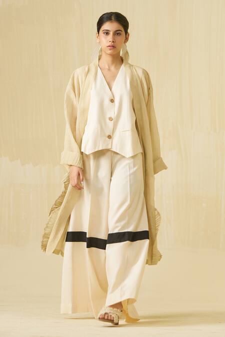 Buy_Stoique_Gold Silk Ruffles Open Neck Daisy Textured Kimono Overlay _Online_at_Aza_Fashions