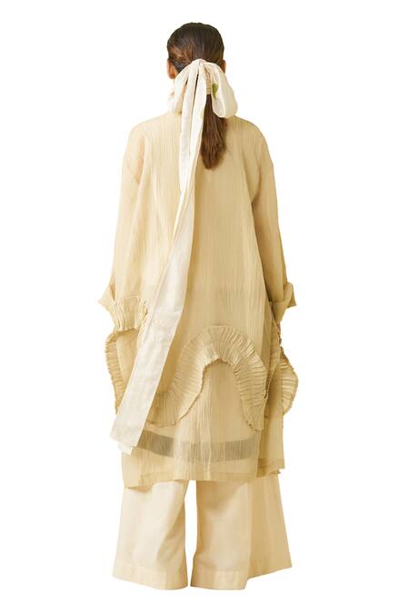 Shop_Stoique_Gold Silk Ruffles Open Neck Daisy Textured Kimono Overlay _Online_at_Aza_Fashions