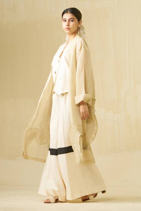 Stoique_Gold Silk Ruffles Open Neck Daisy Textured Kimono Overlay _at_Aza_Fashions