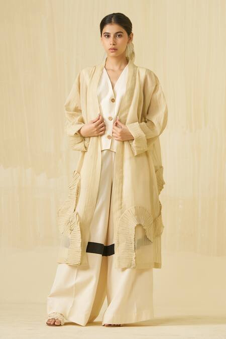 Shop_Stoique_Gold Silk Ruffles Open Neck Daisy Textured Kimono Overlay 