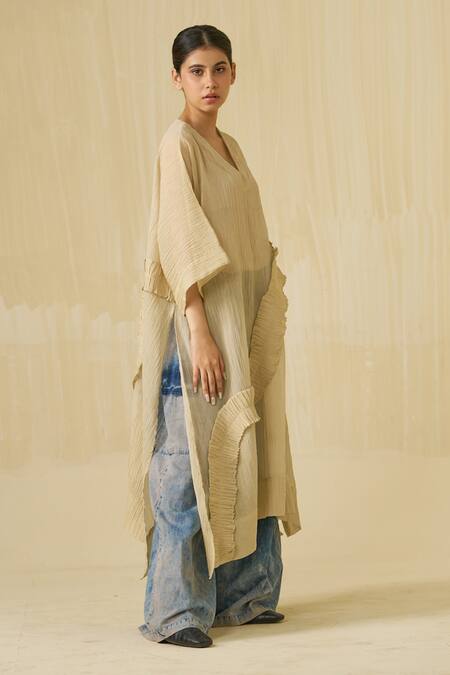 Stoique_Gold Crushed Silk Ruffle V-neck Daisy Textured Tunic _at_Aza_Fashions