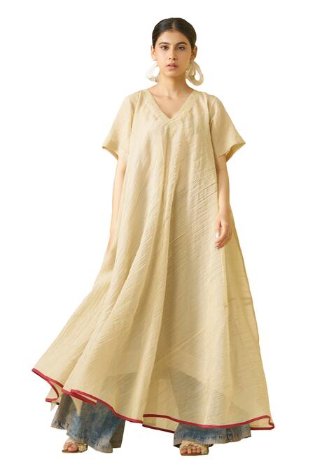 Stoique_Gold Silk V-neck Dodo Textured Dress _Online_at_Aza_Fashions