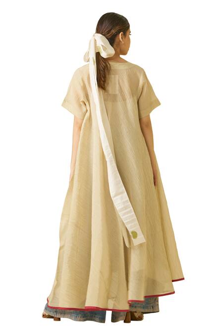 Buy_Stoique_Gold Silk V-neck Dodo Textured Dress _Online_at_Aza_Fashions