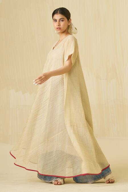 Shop_Stoique_Gold Silk V-neck Dodo Textured Dress _Online_at_Aza_Fashions