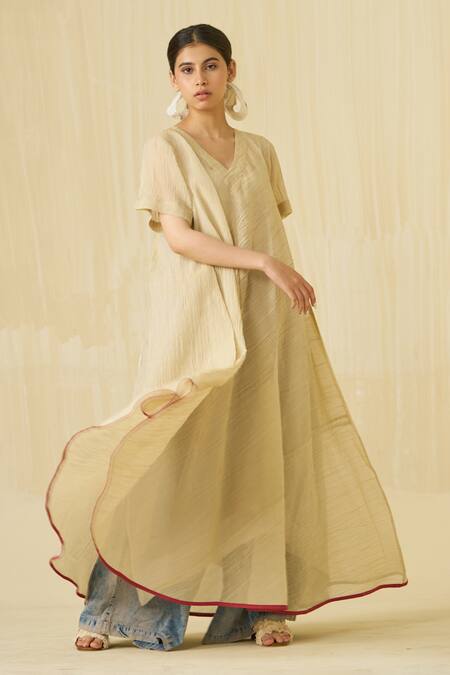 Stoique_Gold Silk V-neck Dodo Textured Dress _at_Aza_Fashions