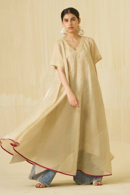 Shop_Stoique_Gold Silk V-neck Dodo Textured Dress 