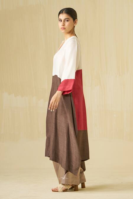 Buy_Stoique_Ivory Mysore Silk Colourblock Notched Dove Asymmetric Tunic _Online_at_Aza_Fashions