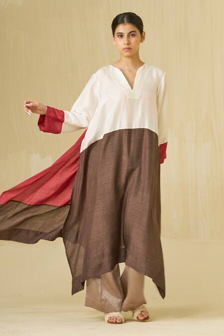Shop_Stoique_Ivory Mysore Silk Colourblock Notched Dove Asymmetric Tunic 