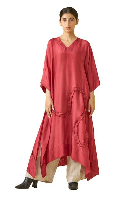 Stoique Red Silk Ruffles V-neck Flamingo Asymmetric Tunic Online at Aza Fashions Stoique_Red Silk Ruffles V-neck Flamingo Asymmetric Tunic _Online_at_Aza_Fashions