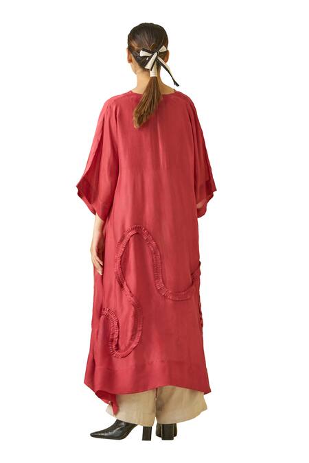 Buy Stoique Red Silk Ruffles V-neck Flamingo Asymmetric Tunic Online at Aza Fashions Buy_Stoique_Red Silk Ruffles V-neck Flamingo Asymmetric Tunic _Online_at_Aza_Fashions