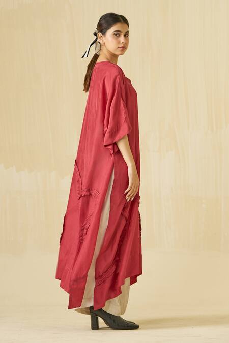 Shop Stoique Red Silk Ruffles V-neck Flamingo Asymmetric Tunic Online at Aza Fashions Shop_Stoique_Red Silk Ruffles V-neck Flamingo Asymmetric Tunic _Online_at_Aza_Fashions