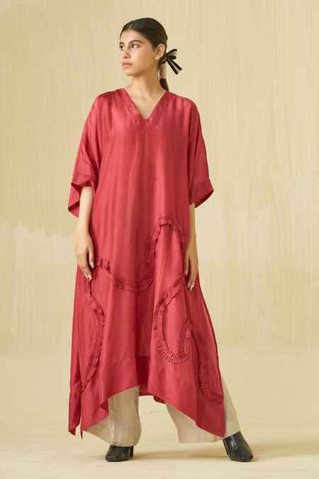 Stoique Red Silk Ruffles V-neck Flamingo Asymmetric Tunic at Aza Fashions Stoique_Red Silk Ruffles V-neck Flamingo Asymmetric Tunic _at_Aza_Fashions