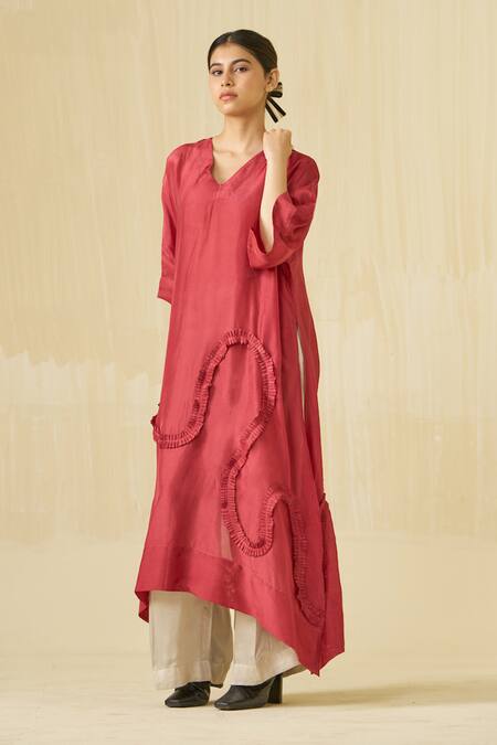 Buy Stoique Red Silk Ruffles V-neck Flamingo Asymmetric Tunic Buy_Stoique_Red Silk Ruffles V-neck Flamingo Asymmetric Tunic