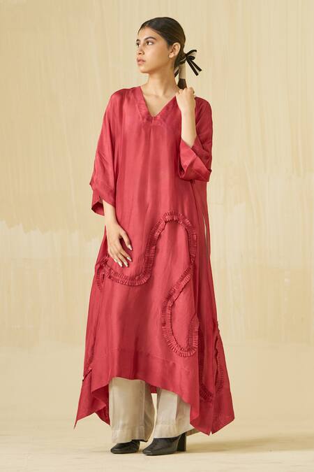 Shop Stoique Red Silk Ruffles V-neck Flamingo Asymmetric Tunic Shop_Stoique_Red Silk Ruffles V-neck Flamingo Asymmetric Tunic