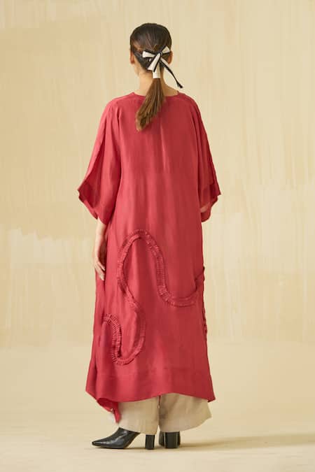 Shop Stoique Red Silk Ruffles V-neck Flamingo Asymmetric Tunic at Aza Fashions Shop_Stoique_Red Silk Ruffles V-neck Flamingo Asymmetric Tunic _at_Aza_Fashions
