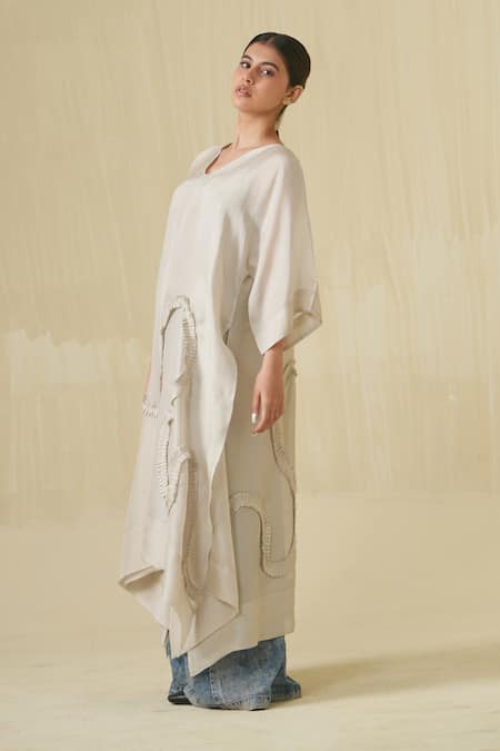 Stoique_Silver Tissue Ruffle V-neck Flamingo Asymmetric Tunic _Online_at_Aza_Fashions