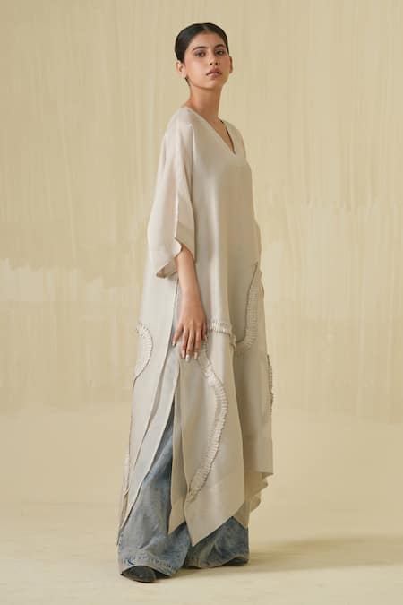 Buy_Stoique_Silver Tissue Ruffle V-neck Flamingo Asymmetric Tunic _Online_at_Aza_Fashions