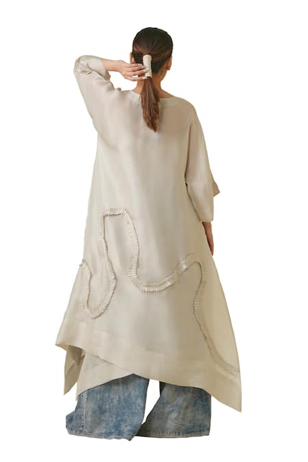 Shop_Stoique_Silver Tissue Ruffle V-neck Flamingo Asymmetric Tunic _Online_at_Aza_Fashions