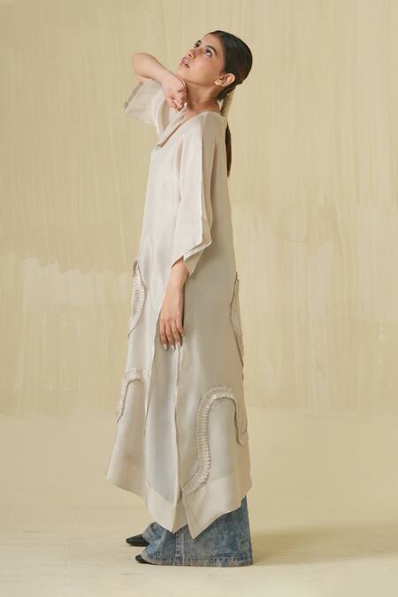 Stoique_Silver Tissue Ruffle V-neck Flamingo Asymmetric Tunic _at_Aza_Fashions