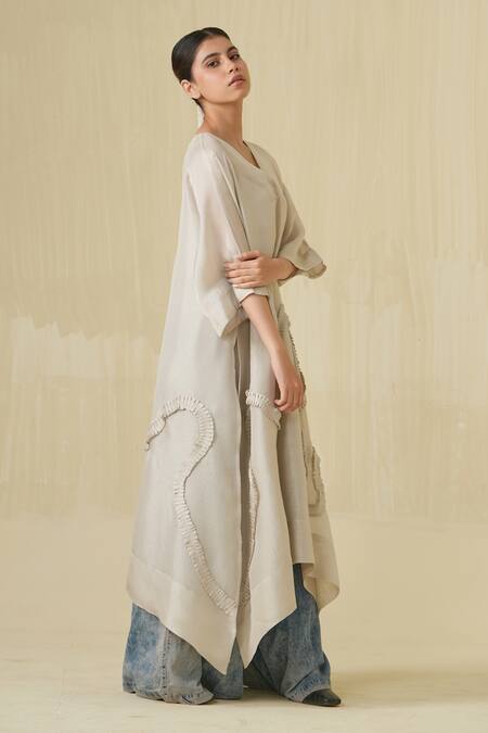 Shop_Stoique_Silver Tissue Ruffle V-neck Flamingo Asymmetric Tunic 