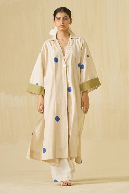 Buy Stoique Off White Cotton Collared Honey Colorblock Printed Jacket Online at Aza Fashions Buy_Stoique_Off White Cotton Collared Honey Colorblock Printed Jacket _Online_at_Aza_Fashions