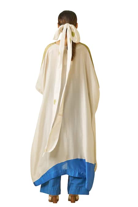 Shop_Stoique_Blue Silk V-neck Kitten Colorblock Dress _Online_at_Aza_Fashions