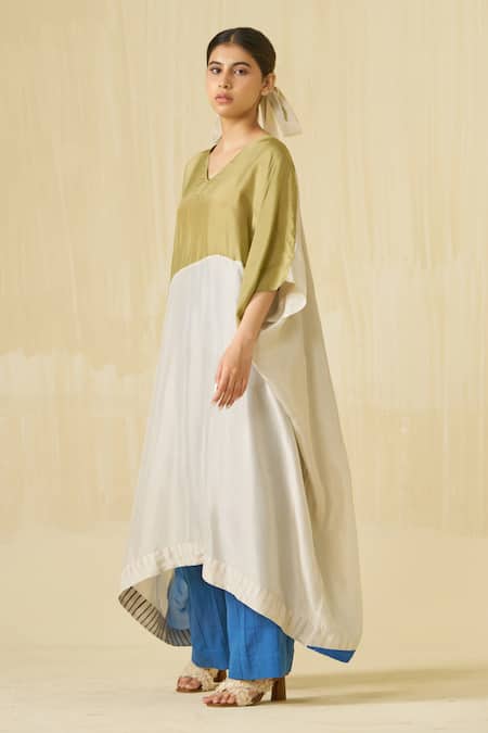 Stoique_Blue Silk V-neck Kitten Colorblock Dress _at_Aza_Fashions