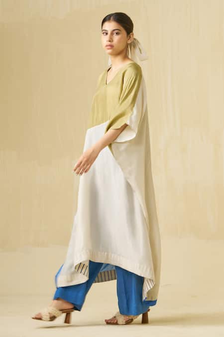 Buy_Stoique_Blue Silk V-neck Kitten Colorblock Dress 