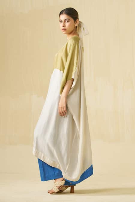 Shop_Stoique_Blue Silk V-neck Kitten Colorblock Dress 