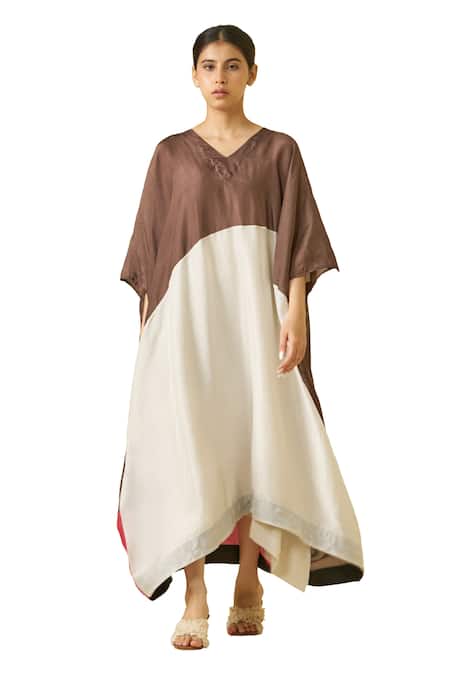 Stoique_Brown Silk V-neck Kitten Colorblock V Dress _Online_at_Aza_Fashions