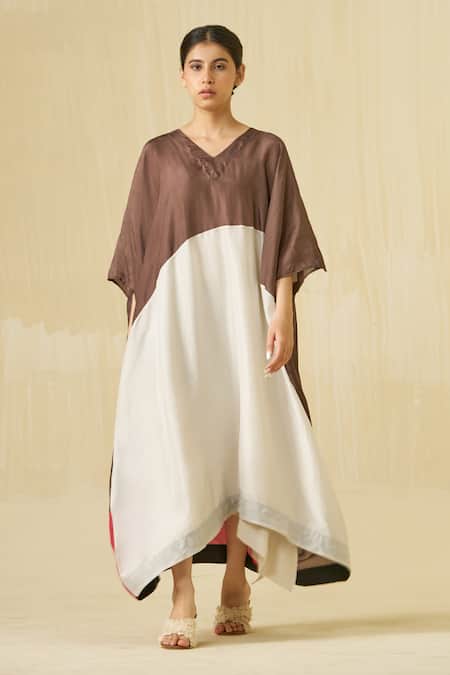 Buy_Stoique_Brown Silk V-neck Kitten Colorblock V Dress _Online_at_Aza_Fashions