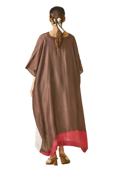 Shop_Stoique_Brown Silk V-neck Kitten Colorblock V Dress _Online_at_Aza_Fashions