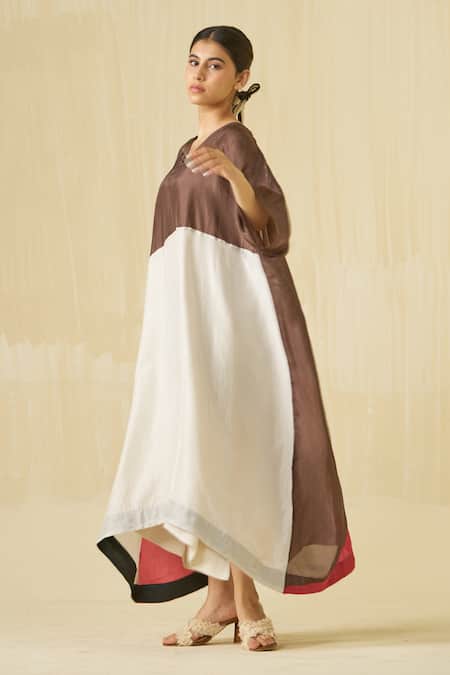 Stoique_Brown Silk V-neck Kitten Colorblock V Dress _at_Aza_Fashions
