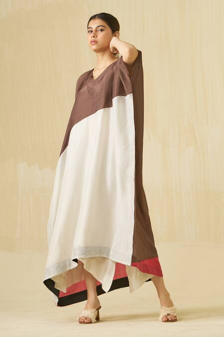 Buy_Stoique_Brown Silk V-neck Kitten Colorblock V Dress 