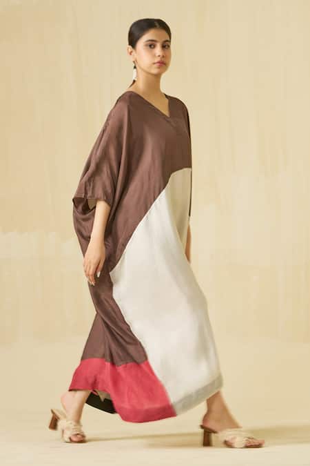 Shop_Stoique_Brown Silk V-neck Kitten Colorblock V Dress 